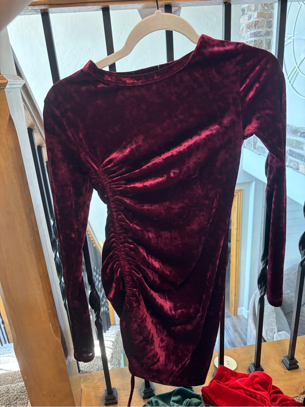 Ruched Velvet Long-Sleeve Mini Dress - Deep Wine